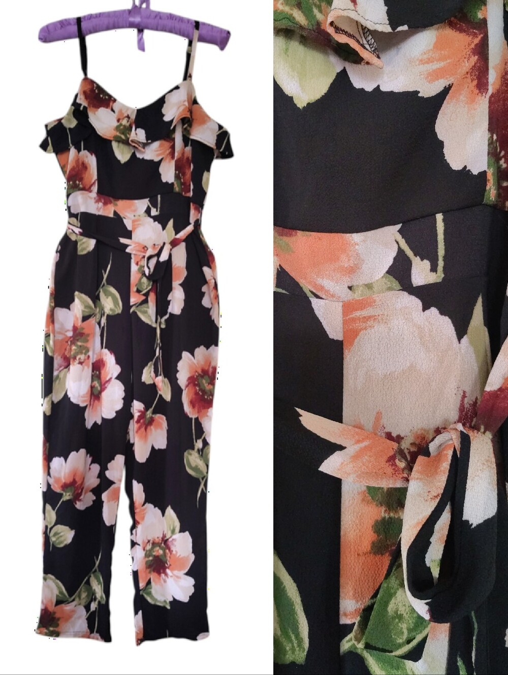 VENUS Black Floral Sleeveless Belted Wide Leg Jumpsuit Medium Boho Chic